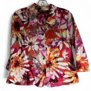 Mirror Image Bright Watercolor Floral Artsy Jacket 3/4 Sleeve Painted Flowers XL